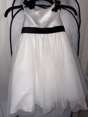 Azazie White Satin and Tulle Flower Girl Dress with Black Sash and Ties